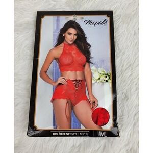Mapale Lingerie Red Lace 2 Piece Set Halter Bralette Garter Shorts 8202 M/L